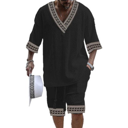 Men's V-neck luxury textured print shorts Set 002