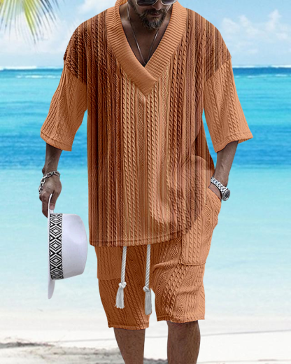 Men's V Neck Luxury Vintage Print Textured Shorts Set 200