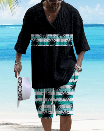 Men's V Neck Luxurious Textured Print Shorts Set 292