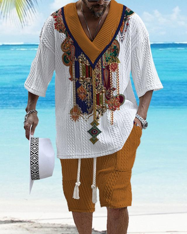 Men's V-Neck Luxury Colorblock Textured Print Shorts Set 112