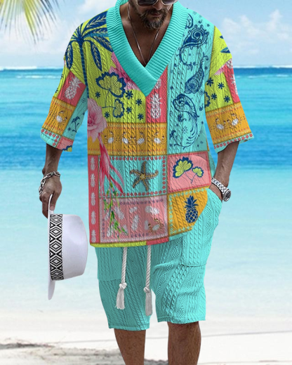 Men's V Neck Luxurious Textured Print Shorts Set 251