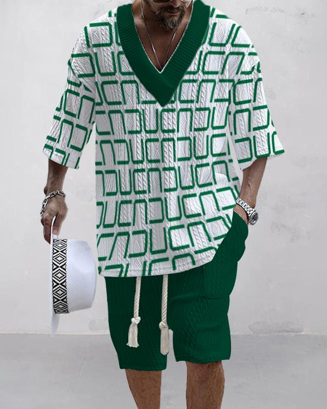 Men's V-Neck Luxury Colorblock Textured Print Shorts Set 119