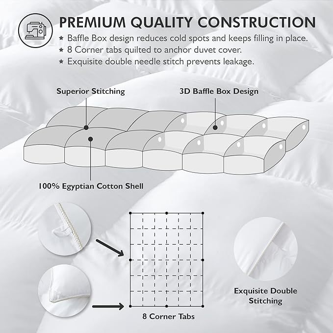 Home Picks Size Siberian Goose Down Comforter, Duvet Insert, 1200 Thread Count 100% Egyptian Cotton, Hypoallergenic, 70 oz Fill Weight, 1200TC, White Solid