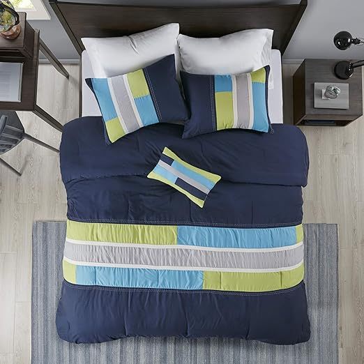 Home Picks Cozy Comforter Set Geometric Stripes Vibrant Color Design All Season Bedding Matching Shams, Decorative Pillow, Full/Queen, Pipeline Navy, 4 Piece