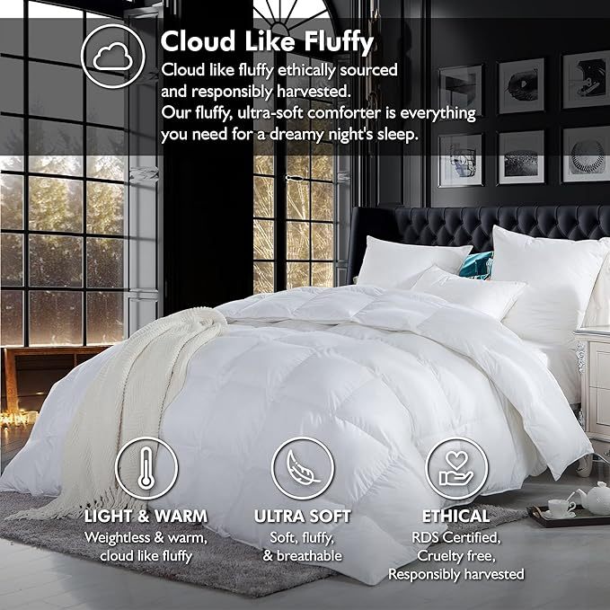 Home Picks Size Siberian Goose Down Comforter, Duvet Insert, 1200 Thread Count 100% Egyptian Cotton, Hypoallergenic, 70 oz Fill Weight, 1200TC, White Solid