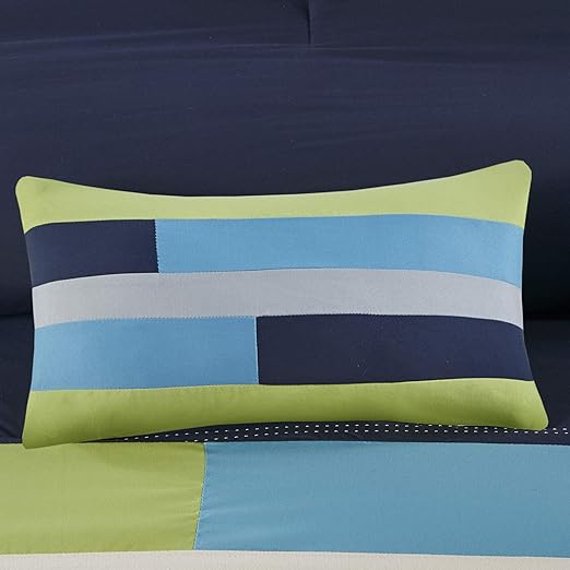 Home Picks Cozy Comforter Set Geometric Stripes Vibrant Color Design All Season Bedding Matching Shams, Decorative Pillow, Full/Queen, Pipeline Navy, 4 Piece