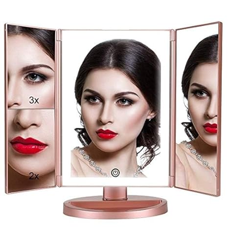 36 LED Nature Daylight Lighted Makeup Mirror,Tri-Fold Lighted Makeup Mirror with 3X/2X Magnification and Touch Screen Dimming Makeup Mirror, 180 Degree free Rotation, Countertop Cosmetic Mirror
