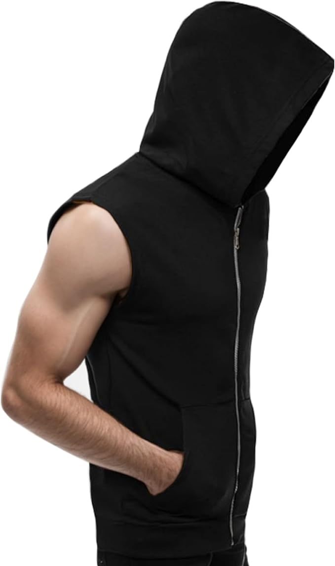 Mens Zipper Pockets Hoodie Casual Sleeveless Sport Work Out Running Hooded Sweatshirt
