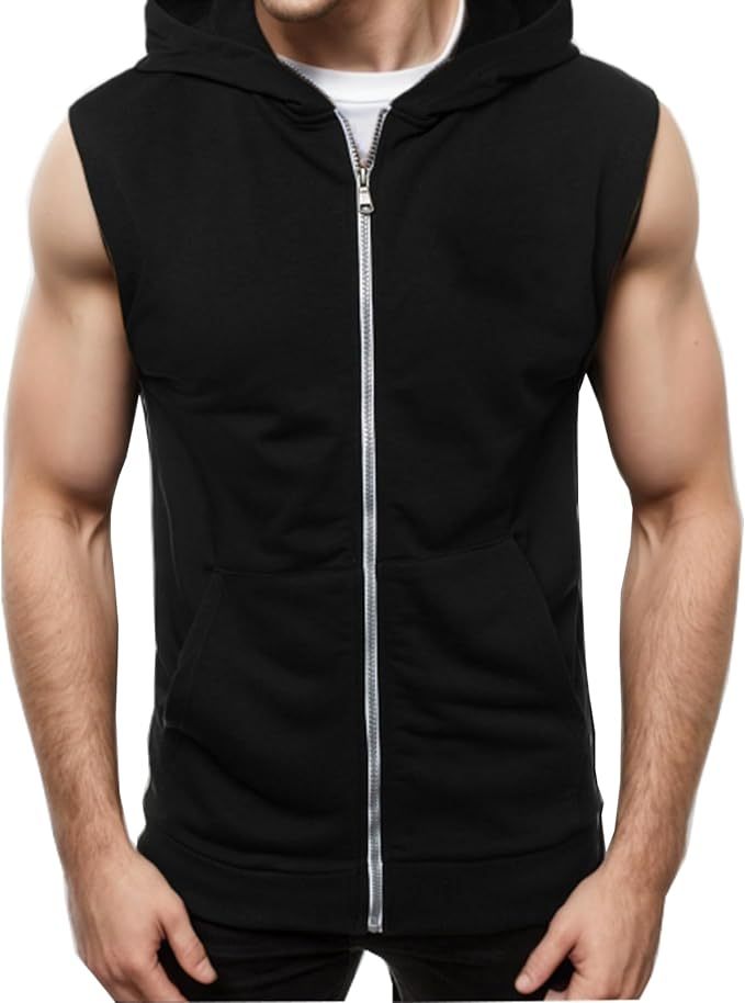 Mens Zipper Pockets Hoodie Casual Sleeveless Sport Work Out Running Hooded Sweatshirt