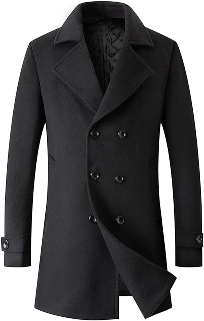 Men's Woolen Trench Coat Regular Fit Double Breasted Wool Blend Jacket Winter Pea Coat Businesss Overcoat