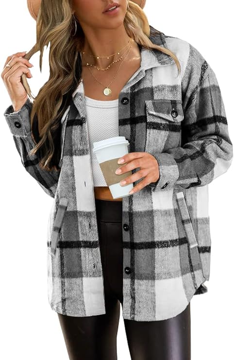 Womens Flannel Plaid Shackets Jackets 2023 Long Sleeve Shirts Tops Fashion Corduroy Winter Clothes With Pockets