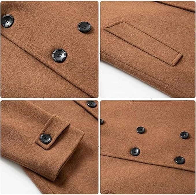 Men's Woolen Trench Coat Regular Fit Double Breasted Wool Blend Jacket Winter Pea Coat Businesss Overcoat