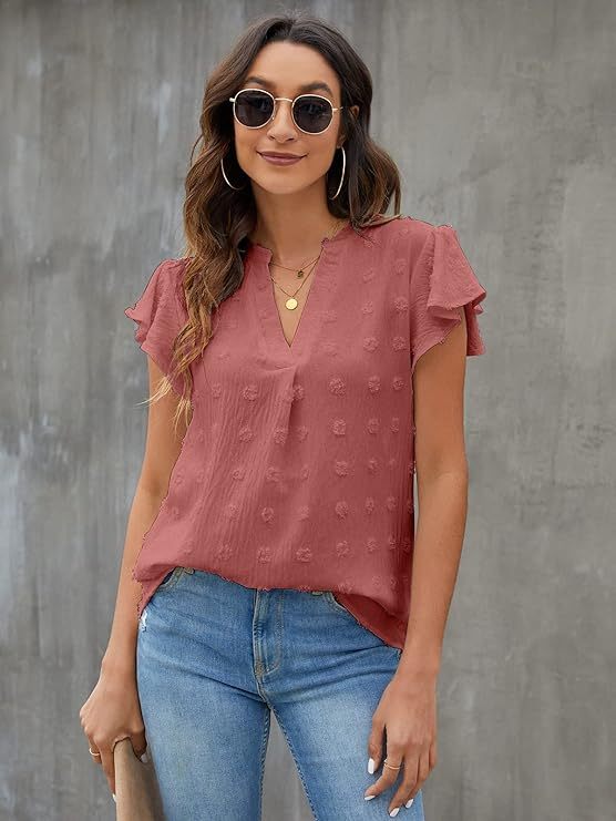 Womens White Blouse V Neck Ruffle Sleeve Flowy Shirts Dressy Casual Cute Summer Tops