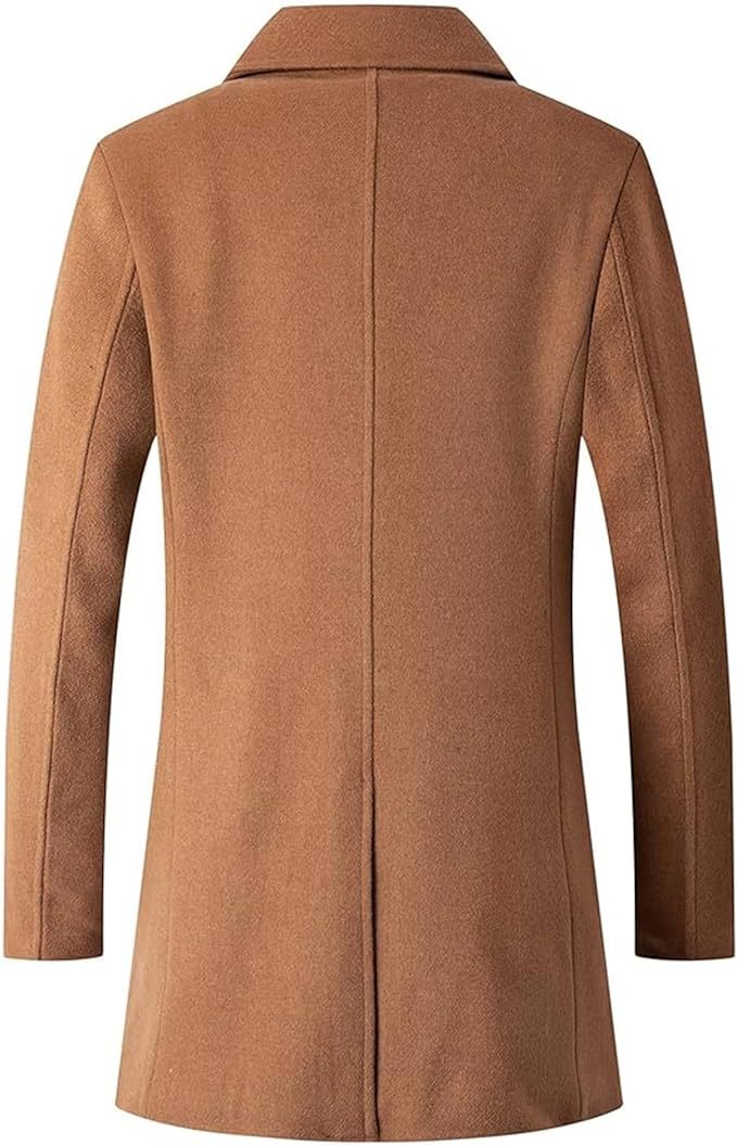 Men's Woolen Trench Coat Regular Fit Double Breasted Wool Blend Jacket Winter Pea Coat Businesss Overcoat