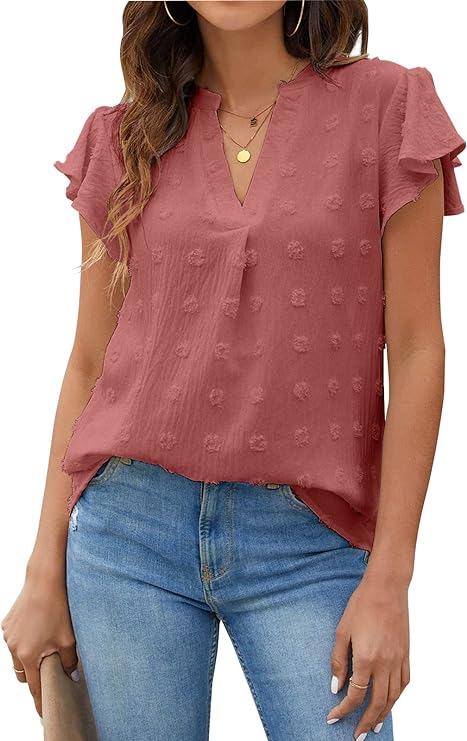 Womens White Blouse V Neck Ruffle Sleeve Flowy Shirts Dressy Casual Cute Summer Tops