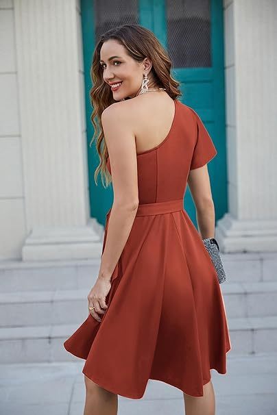 Women's Summer Wedding Guest Dress Elegant One Shoulder Cocktail Dress Ruffle Short Sleeve A Line Party Dress