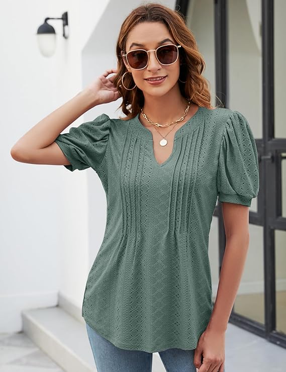 Womens Short Sleeve Summer Tops, 2024 Fashion Eyelet Tunic Blouse, V Neck Puff Sleeve Pleated T Shirts