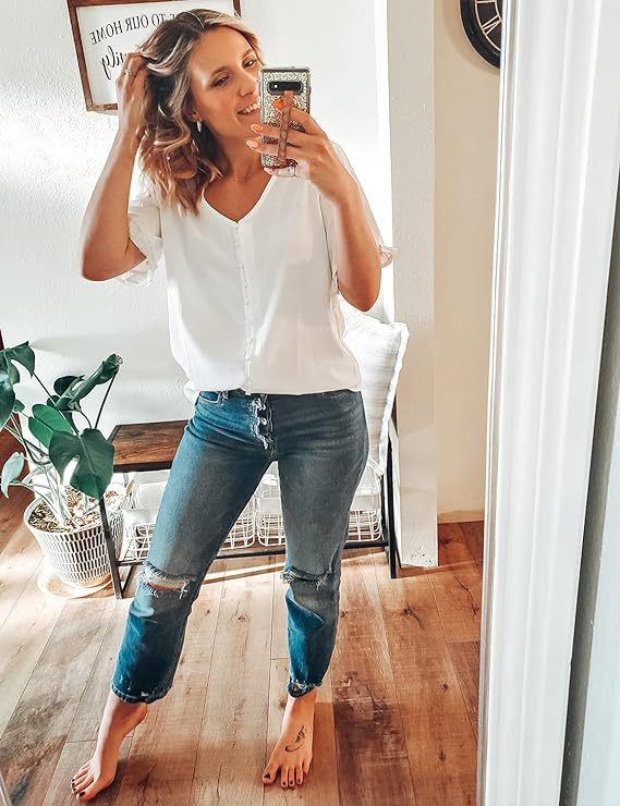 Women's Casual V Neck Tops Ruffle Short Sleeve Blouses Button Down Shirts