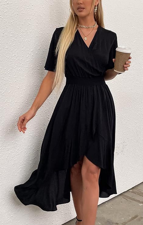 Womens Short Sleeve Floral High Low V-Neck Flowy Party Long Maxi Dress