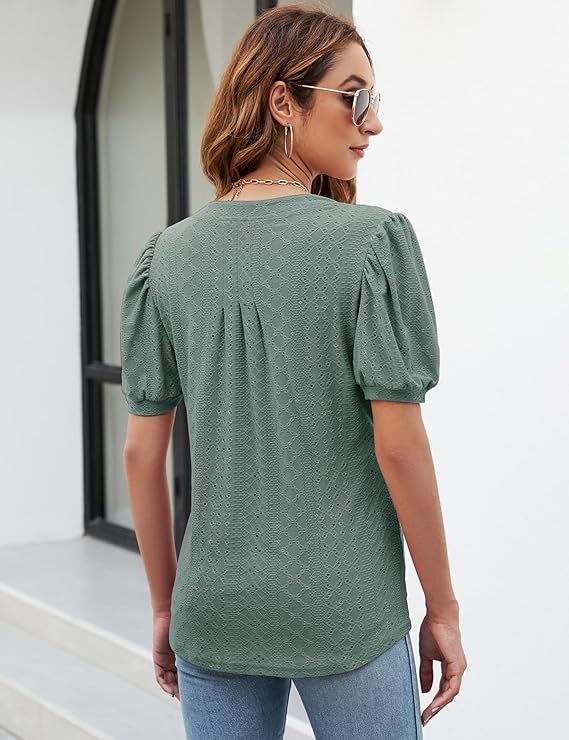 Womens Short Sleeve Summer Tops, 2024 Fashion Eyelet Tunic Blouse, V Neck Puff Sleeve Pleated T Shirts