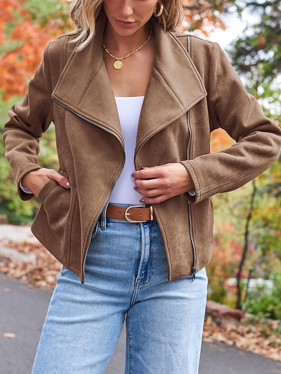 Womens Faux Leather Jackets Suede Fall Fashion  Outfits Winter Clothes Open Front Cropped Coat Outwear