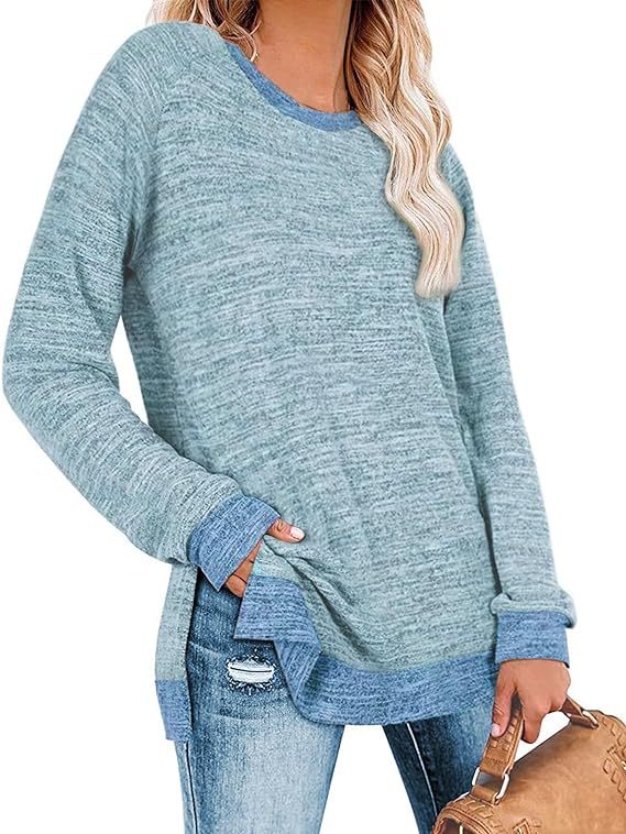 Womens Sweatshirts Casual Long Sleeve Color Block Crewneck Sweaters Tunic Tops