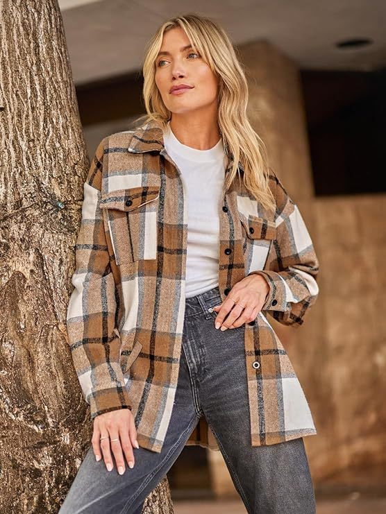 Womens Flannel Plaid Shackets Jackets 2023 Long Sleeve Shirts Tops Fashion Corduroy Winter Clothes With Pockets