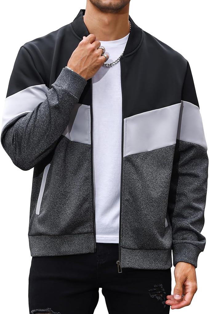 Mens Varsity Jacket Casual Color Block Bomber Jacket Lightweight Coat
