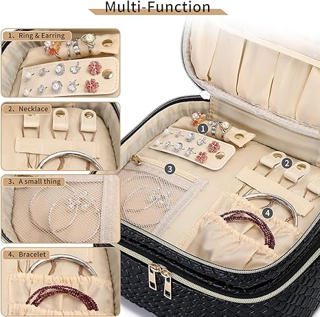 Makeup Bag for Women Double Layer Cosmetic Bag with Jewelry Compartment Large Toiletry Bag for Traveling Portable Makeup Storage Box (A/Black)