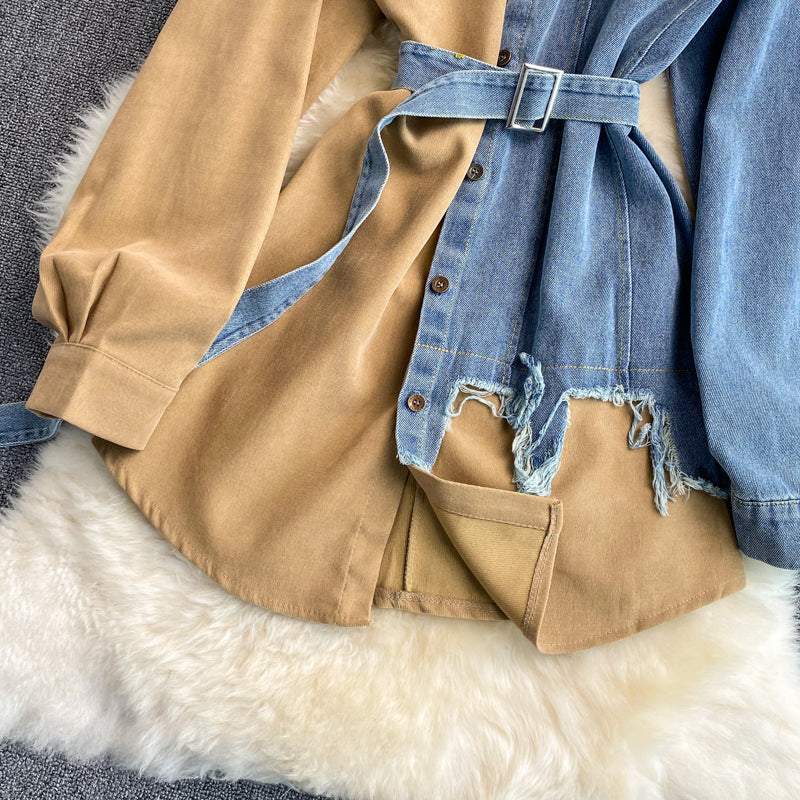 Denim Patchwork Lapel Dress