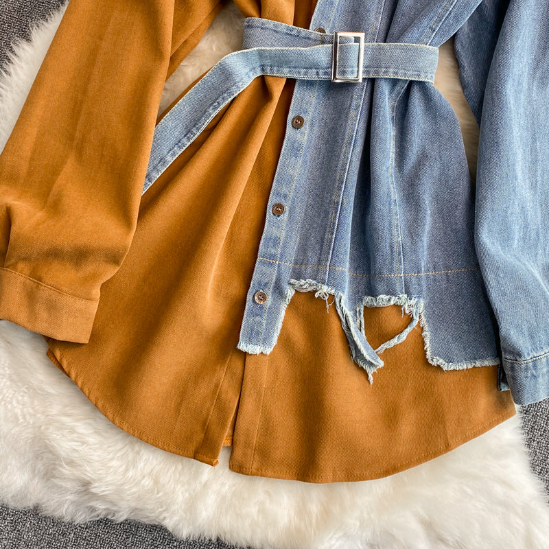Denim Patchwork Lapel Dress