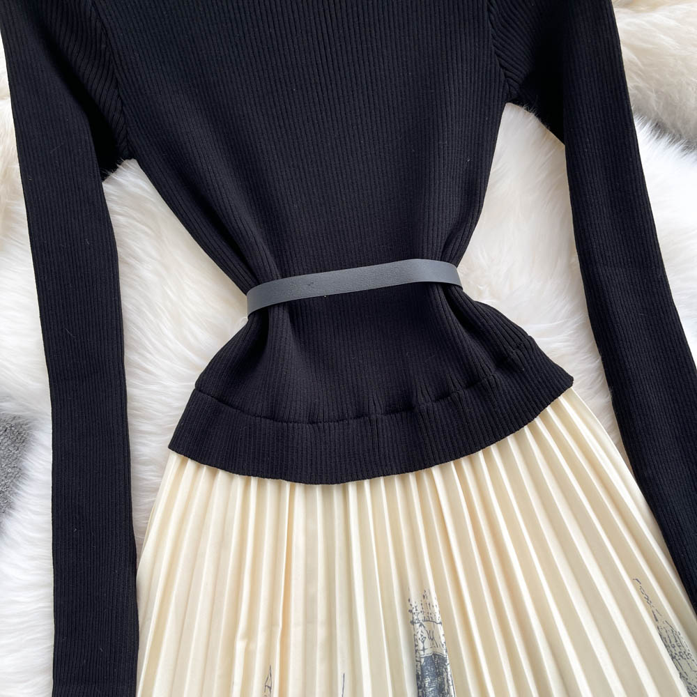 Ink And Wash Print Knit Pleated Dress