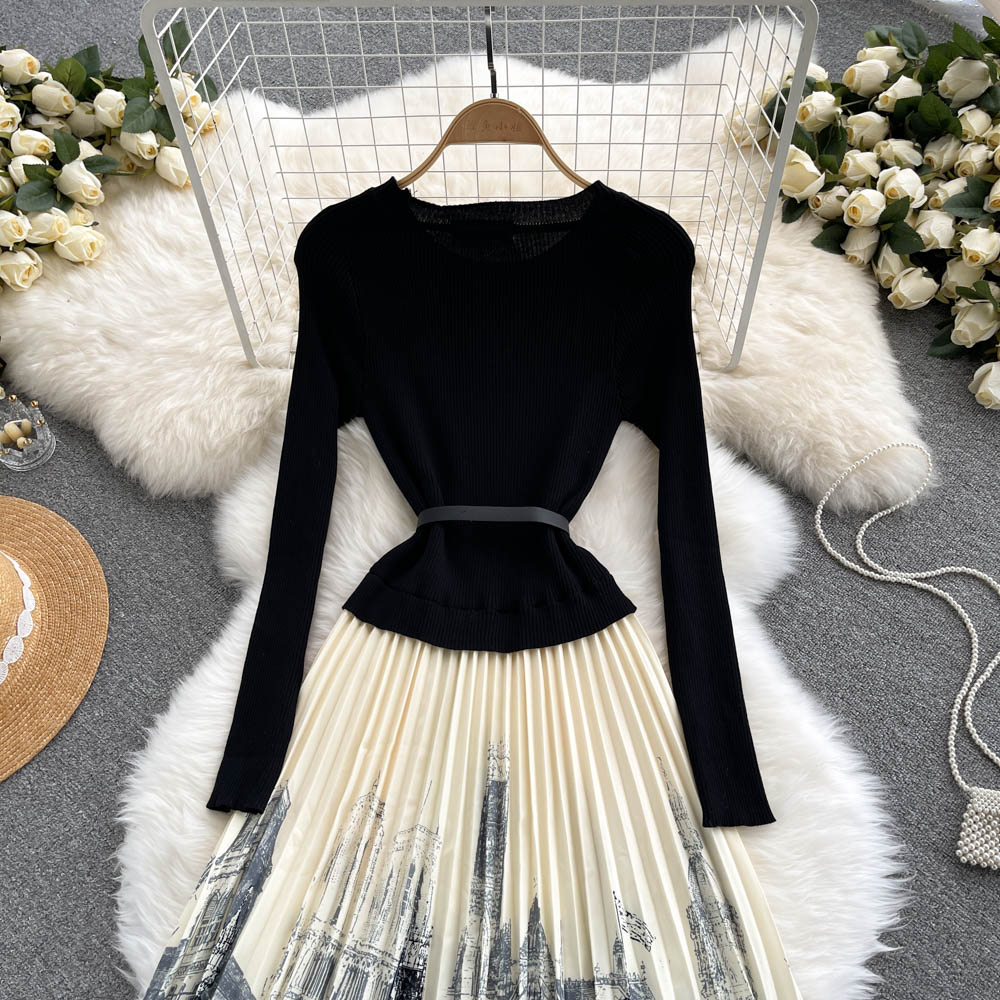 Ink And Wash Print Knit Pleated Dress