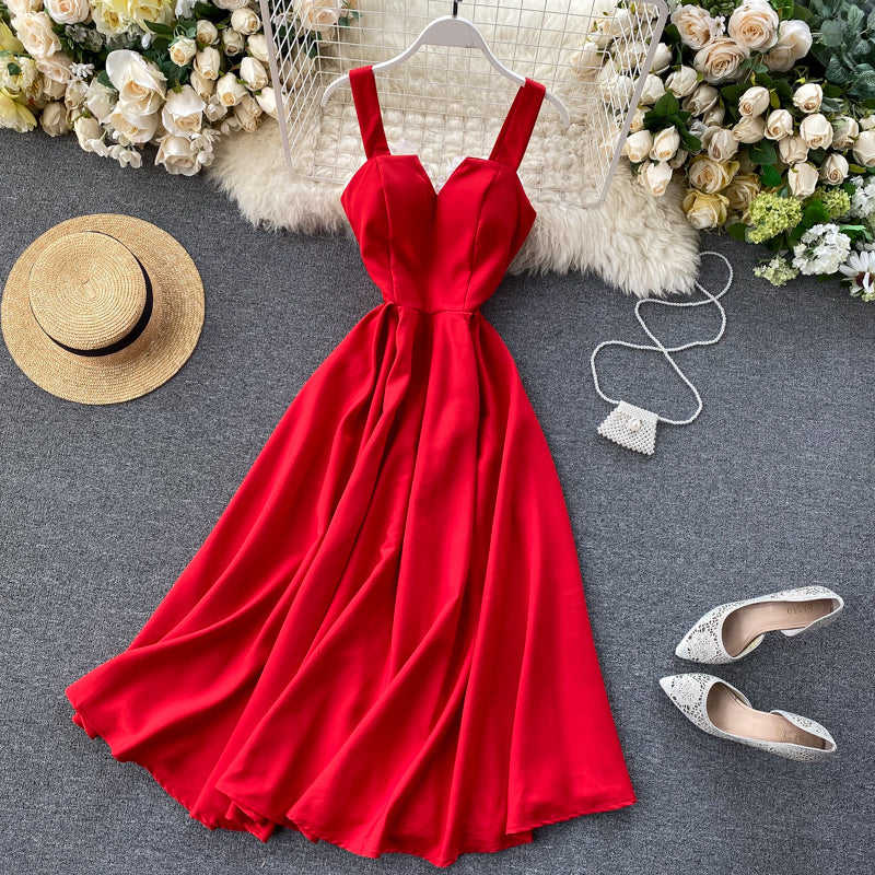 V-neck Halter Retro Solid Color Waist Dress