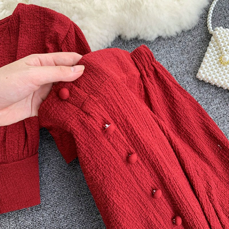 Vintage Red Top and Skirt Two-pieces Set