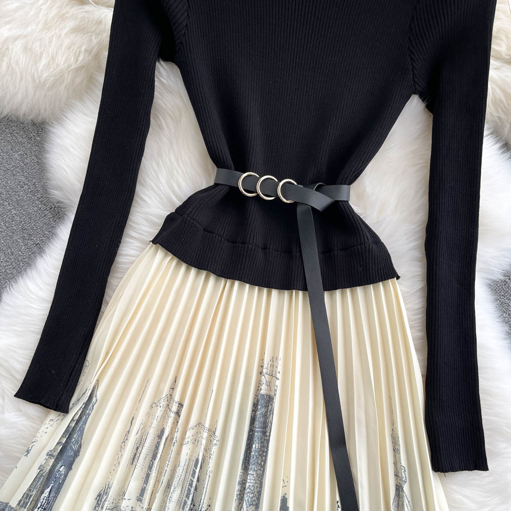 Ink And Wash Print Knit Pleated Dress