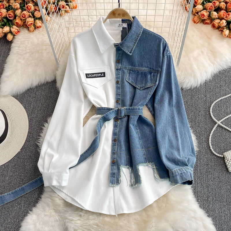 Denim Patchwork Lapel Dress