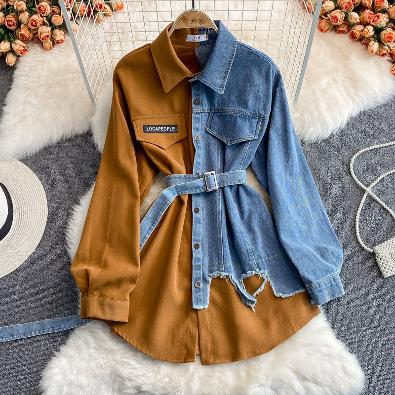 Denim Patchwork Lapel Dress
