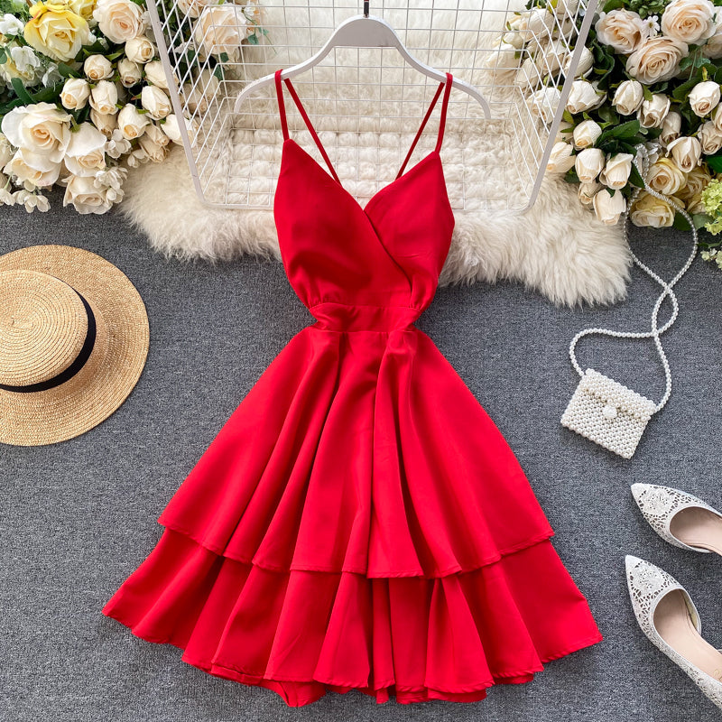 V-neck Halter Double-layer Ruffle Dress