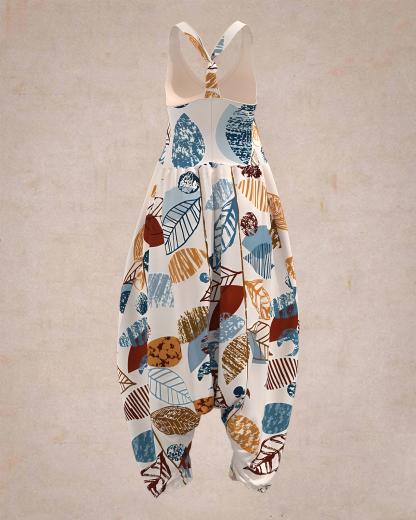 Women's Geometric Leaf Print Sleeveless Jumpsuit Harem Pants