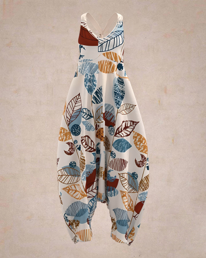 Women's Geometric Leaf Print Sleeveless Jumpsuit Harem Pants