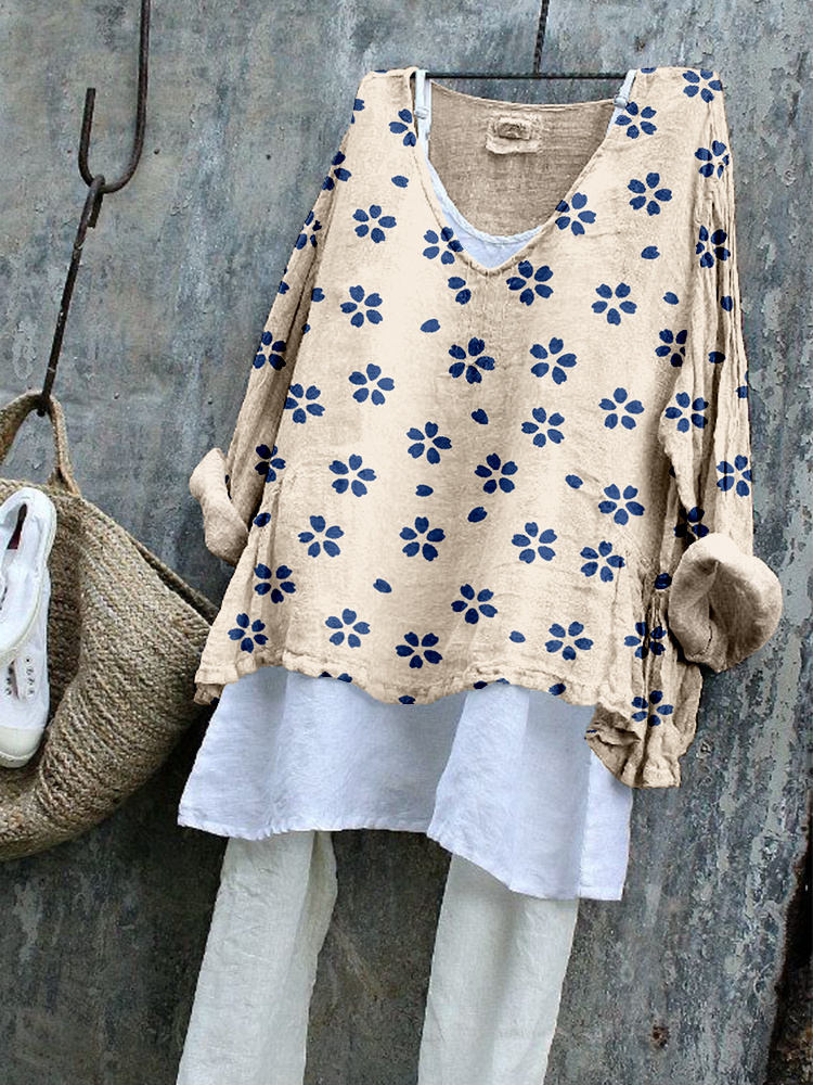 Japanese Sakura Pattern Linen Blend Flowy Tunic
