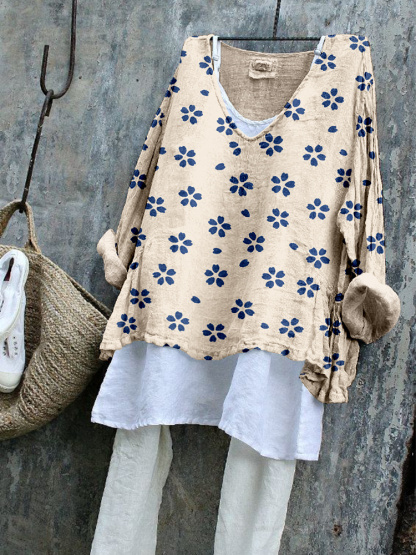 Japanese Sakura Pattern Linen Blend Flowy Tunic