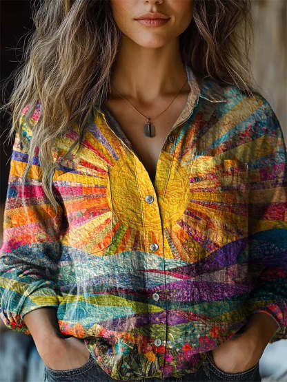 Women's Lovely Sun Floral Patchwork Pattern Art Print Casual Long Slee