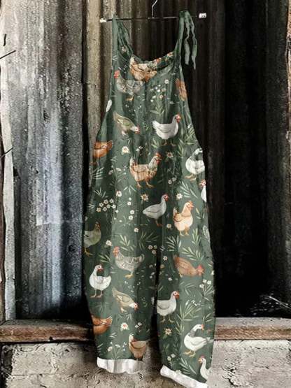Women's Farm Animal and Floral Print Overalls