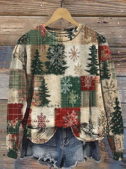 Vintage Christmas Patchwork Art Print Casual Sweatshirt