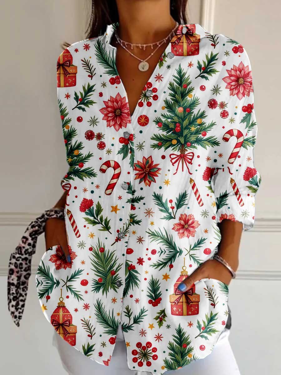 Women'Christmas Tree Pattern Cotton And Linen Shirt