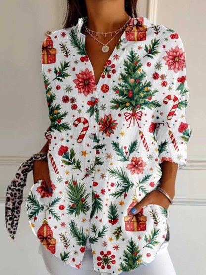 Women'Christmas Tree Pattern Cotton And Linen Shirt