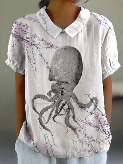 Women's Vintage Japanese Octopus Pattern ArtCasual Cotton And Linen Tops