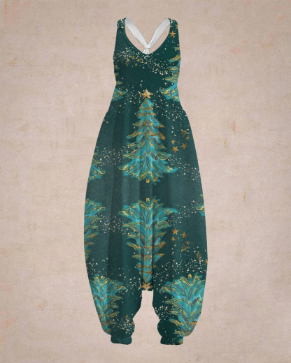 Women's Shiny Christmas Tree Print Sleeveless Jumpsuit Harem Pants